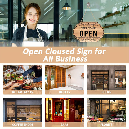 Double-Sided Open/Closed Sign - Durable PVC Business Hours Hanging Sign with Rope, Elegant Scrollwork Design for Shop, Bar, Hotel Wall or Window Display