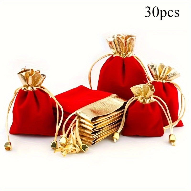 Red Velvet Drawstring Bag with Golden Accents - Elegant Wedding Party Gift, Candy Bag, Jewelry Pouch for Weddings, Birthdays and Special Occasions, Special Event Bag | Luxury Gift Bag | Fashionable Golden Details, Gift Giving