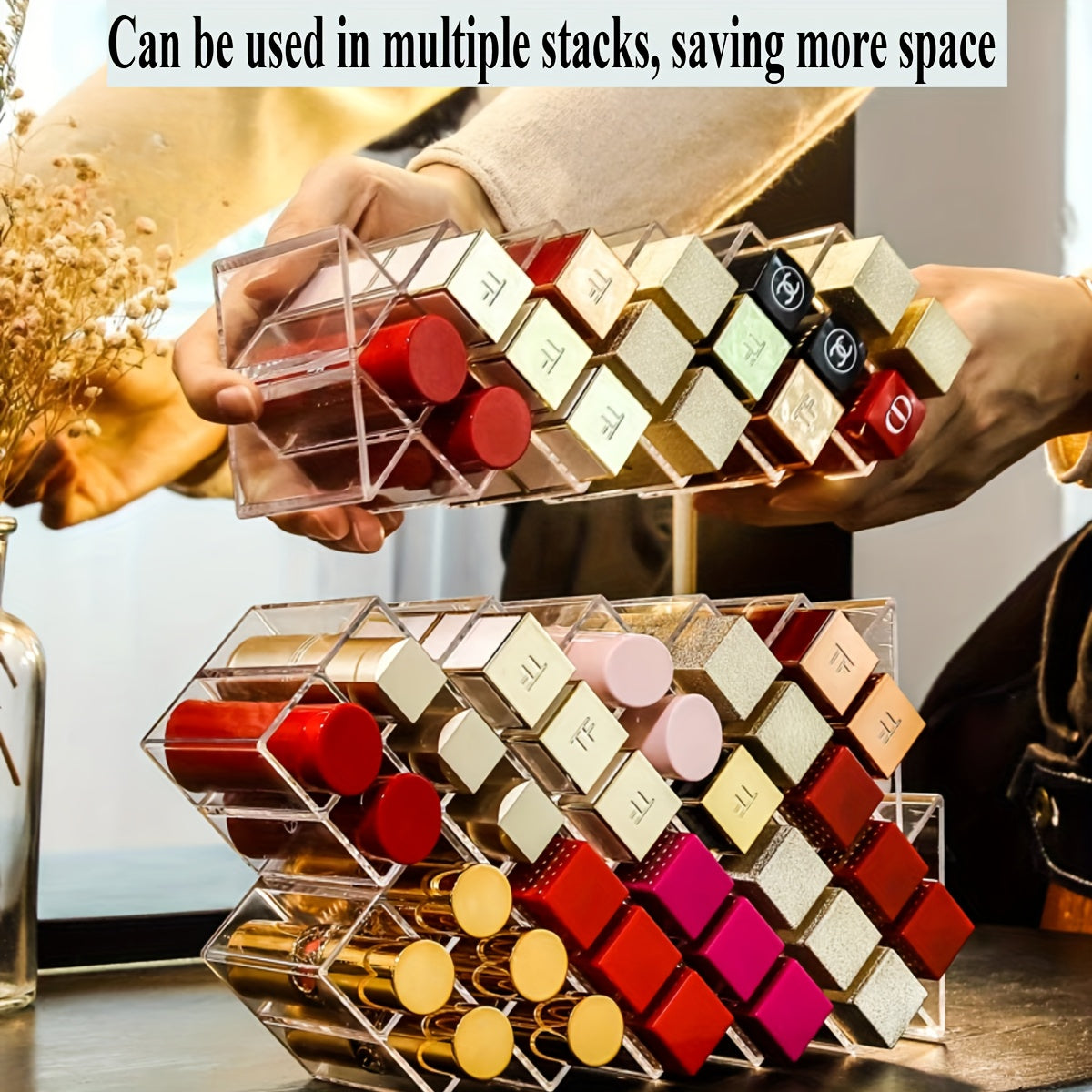 16-Compartment Transparent Lipstick Organizer - Durable Plastic Makeup Storage Box for Vanity or Bathroom Counter, Lightweight & Portable, No Power Needed, Vanity Accessories