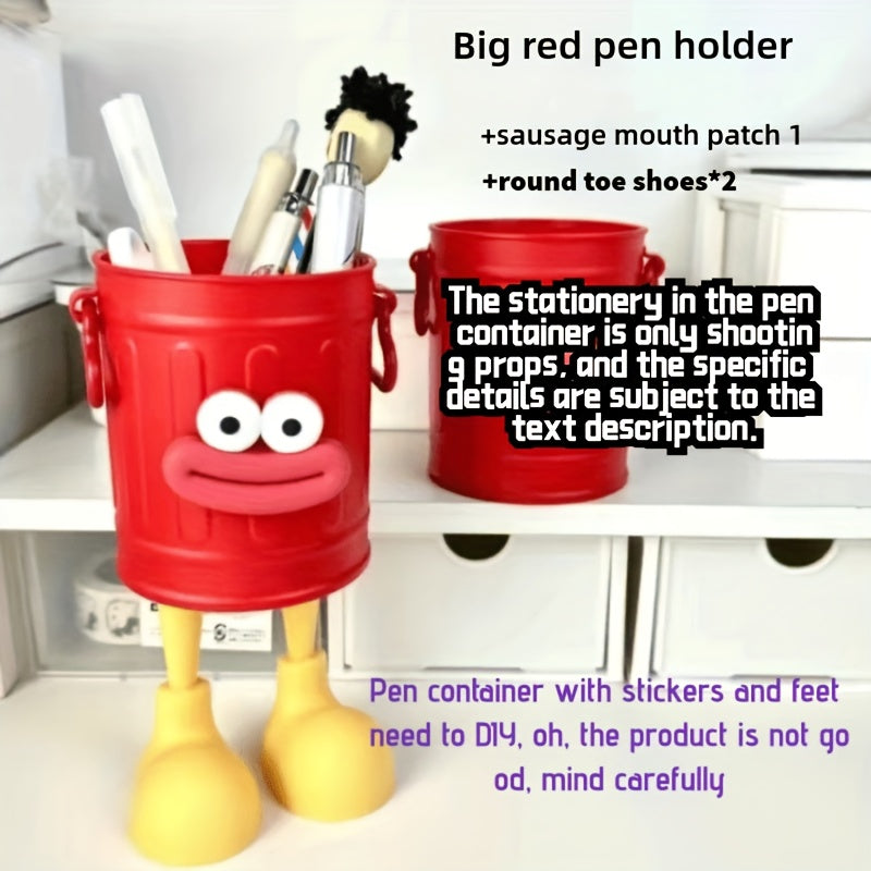 3pcs Set Cute Smiling Face Pen Holders with Expressive Eyes & Mouth - Heavy-Duty Plastic Desktop Storage Organizers with Green & White Lids, Labelled Compartments for Office & Home School Supplies, Fun Desk Organizer Set (Ide