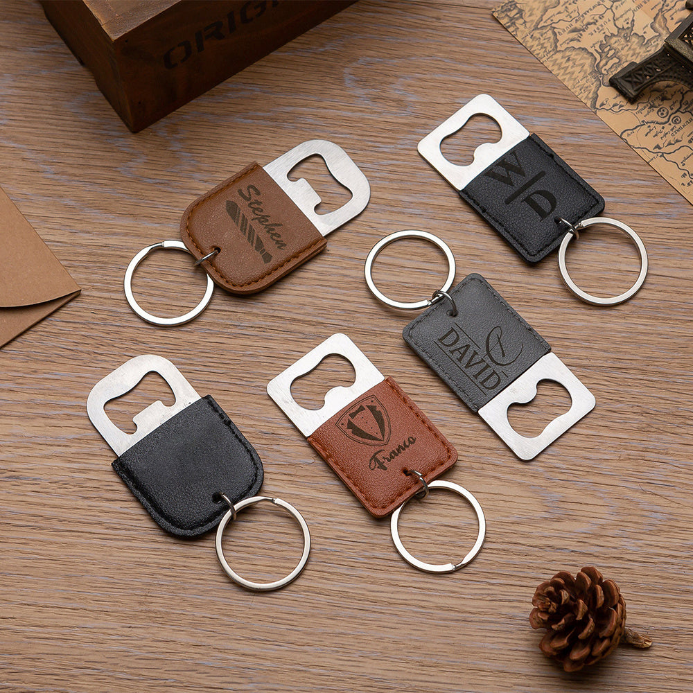 Personalized Bottle Opener Keychain - Custom Logo/Text, Heavy-Duty Synthetic Faux Leather Keyring with Opening Mechanism, Elegant Bottle Opener for Men, Dad, Groomsmen - Birthday, Wedding, Anniversary Gifts - No Electricity N