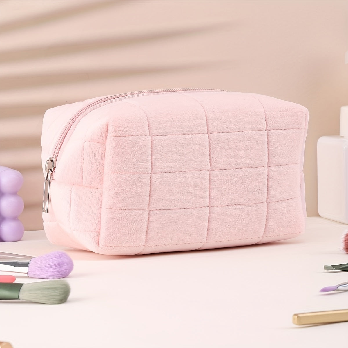 Soft Plaid Polyester Makeup Bag - Large Capacity, Odorless Travel Cosmetic Pouch with Zipper for Brushes & Storage,