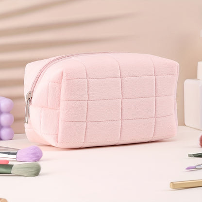 Soft Plaid Polyester Makeup Bag - Large Capacity, Odorless Travel Cosmetic Pouch with Zipper for Brushes & Storage,