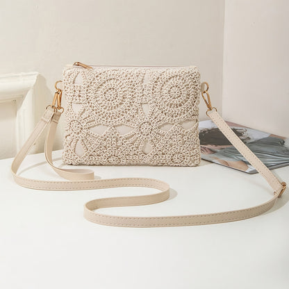 Elegant White Lace Crossbody Bag with Removable Beige Strap - Floral Pattern, Zipper Closure, Polyester Lining, Perfect for Spring & Summer Outfits, Casual or Formal Wear, Ladies Purse