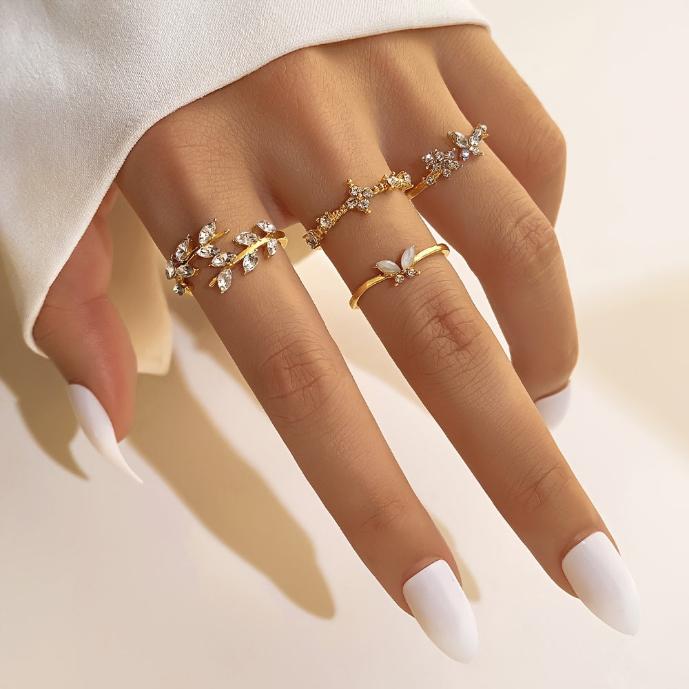 Elegant and Exquisite Y2K Style Sparkling Rhinestone Leaves Flowers Butterflies rings