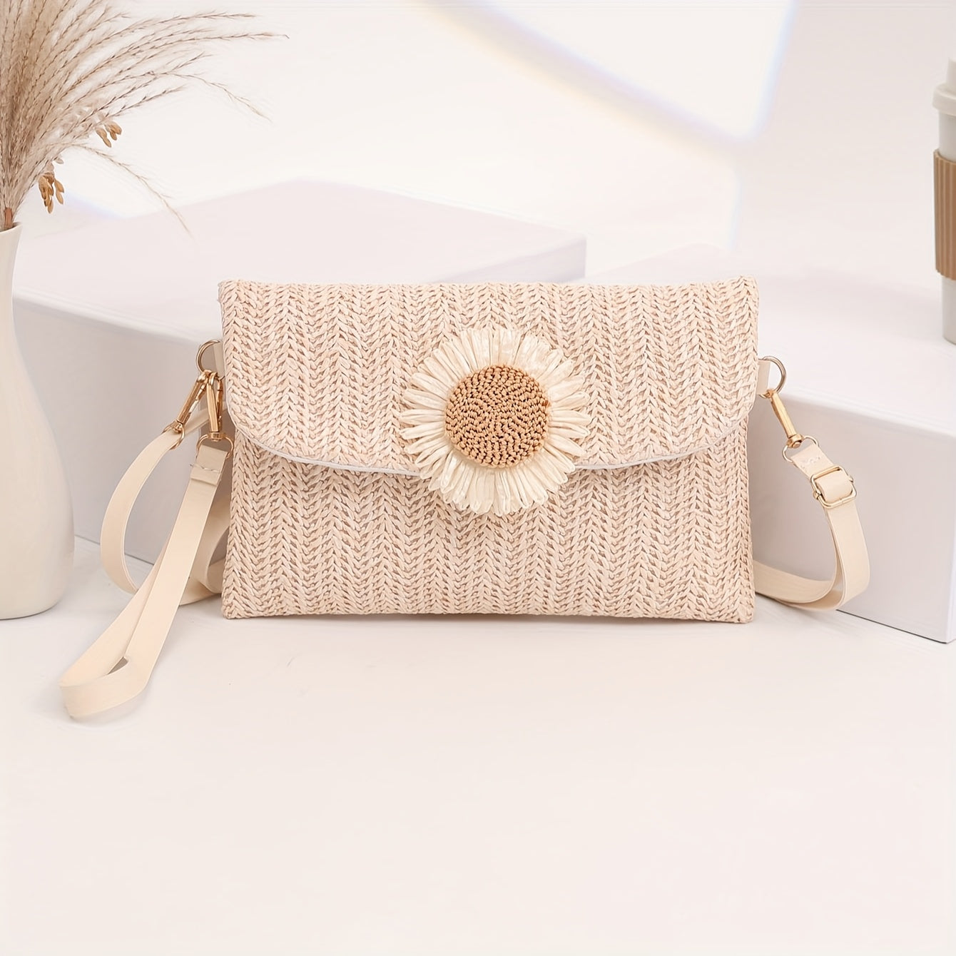 Elegant Women'S Crossbody Bag with Adjustable Strap, Sunflower Embellishment, and Snap Closure