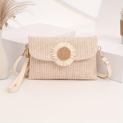 Elegant Women'S Crossbody Bag with Adjustable Strap, Sunflower Embellishment, and Snap Closure