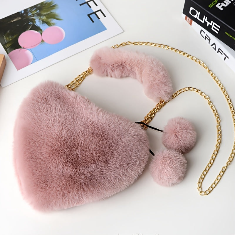 1pc Cozy Heart-Shaped Faux Fur Crossbody Bag, Polyester Plush Love Purse with Chain Shoulder Strap, Soft Pink/White/Black Fashion Handbag, Ideal for Christmas & Valentine'S Day Gifts