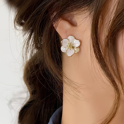 Stud Earrings Zinc Alloy with Rhinestone Accents, Versatile White Petal Design