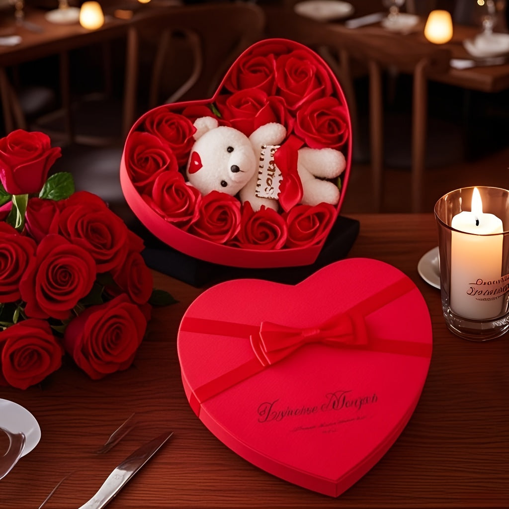 10pcs Romantic Rose Soap Gift Set with Teddy Bear - Heart-Shaped Plastic Box for Wedding, Bridal Shower, Birthday, Anniversary, Christmas, Thanksgiving, Valentine's Day, Mother's Day, Graduation - No Electricity Needed, Feath