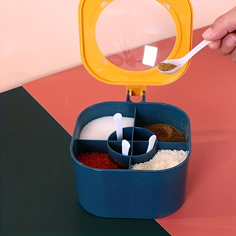 Large Capacity Spice Box with Lid and Spoon - Durable ABS Material, 4-Compartment Multi-Purpose Kitchen Seasoning Storage Container for Home Organization, Salt Shaker Set, Convenient Combination Use (Suitable for All Seasons)