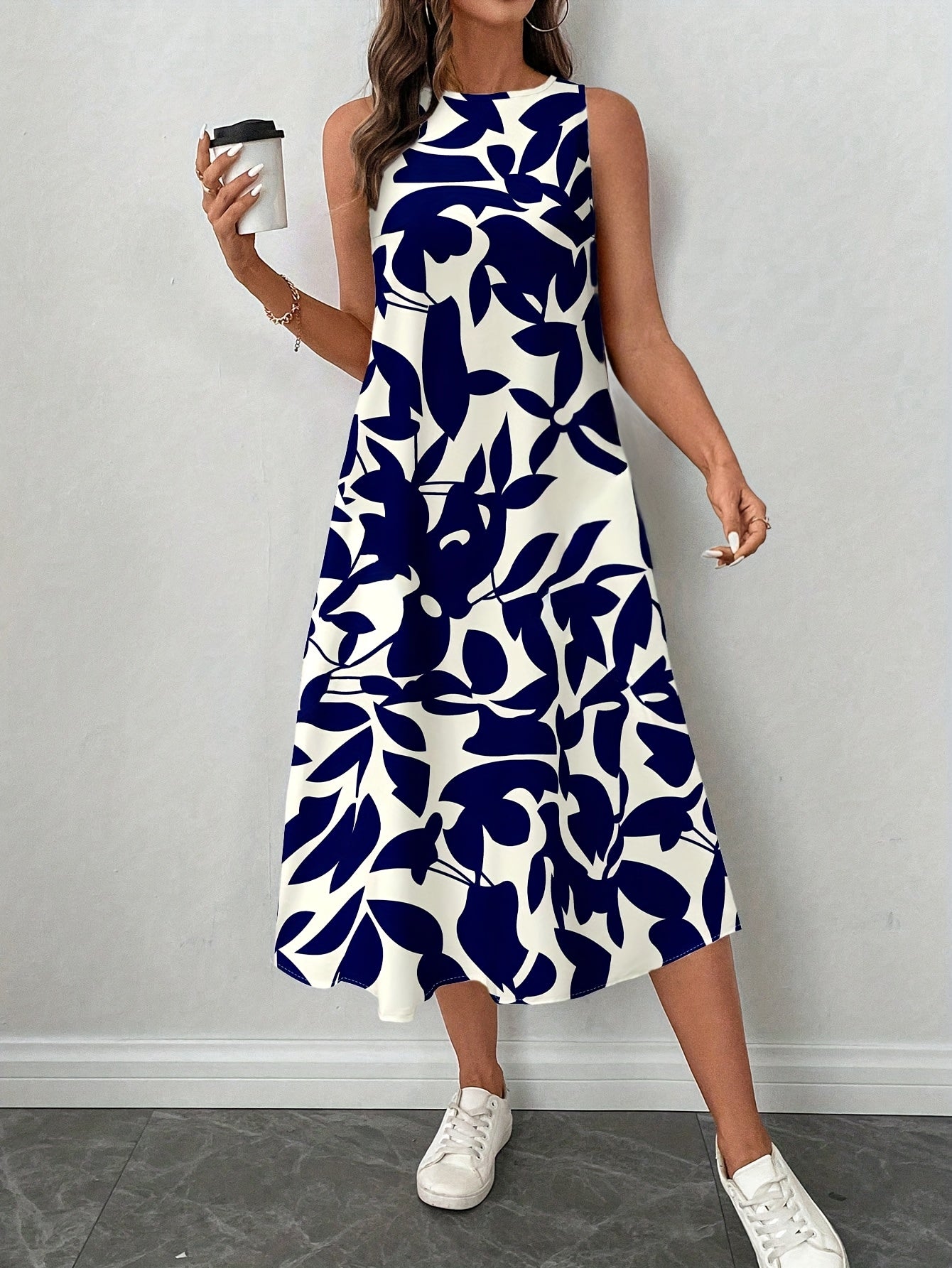 Women'S Elegant Floral Print Sleeveless Dress - Casual Summer Style, Round Neck, Lightweight Polyester, Perfect for Casual Attire, Allseason Dress | Floral Print Dress | Lightweight Dress