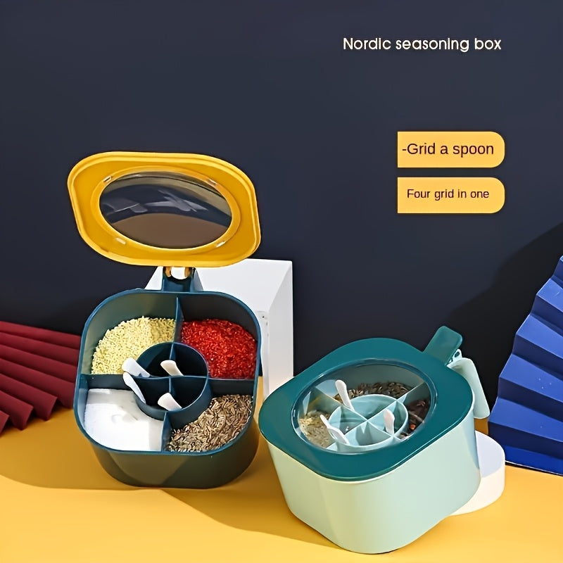 Large Capacity Spice Box with Lid and Spoon - Durable ABS Material, 4-Compartment Multi-Purpose Kitchen Seasoning Storage Container for Home Organization, Salt Shaker Set, Convenient Combination Use (Suitable for All Seasons)