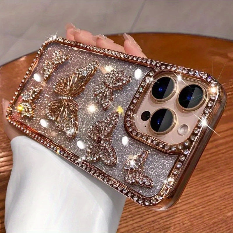 Glitter 3D Butterfly Shiny Case for iPhone 16 15 14 13 12 11 Pro Max Plus Diamond Bling Sparkly Rhinestone Girls Pink Cute Cover