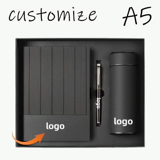 1 Set A5 Notebook & Binder-like Logbook Set - Luxury Gift Box with Golden/Black Labeling - Personalized Logo/Text/Brand - Heavy-Duty Paper Binder with Closure - Business Journal, Planner, Diary - Ideal for Corporate Gifts, Ch