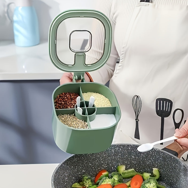 Large Capacity Spice Box with Lid and Spoon - Durable ABS Material, 4-Compartment Multi-Purpose Kitchen Seasoning Storage Container for Home Organization, Salt Shaker Set, Convenient Combination Use (Suitable for All Seasons)