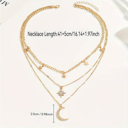 An Elegant Bohemian Style Multi-Layer Golden Necklace with Star and Moon Pendants - Perfect Gift for Friendship, Suitable for Gifting and Casual Attire, For Teenager