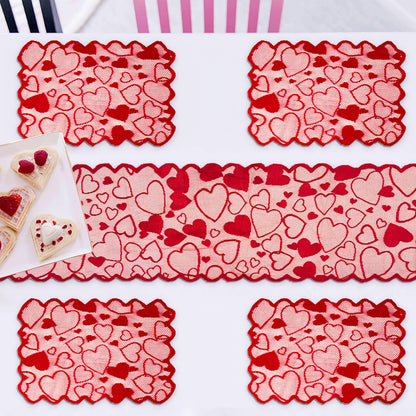 1/5pcs Valentine's Day heart-shaped red lace table flag placemat set for home decoration, anniversary parties, romantic home decoration tablecloths for weddings and Valentine's Day decorations