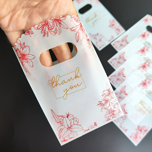 50pcs Elegant Floral Thank You Bags - Red & White Floral Design, Durable Plastic, Ideal for DIY Jewelry Making, Party Favors, and Gift Decorations, Party Favor Bags | Floral Pattern Bags | Durable Plastic Bags