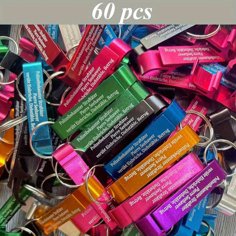 60 Pack Custom Engraved Aluminum Bottle Opener Keychains - Durable, Lightweight Metal Drink Openers with Personalized Text for Weddings, Business Events, Party Favors, Promotional Gifts