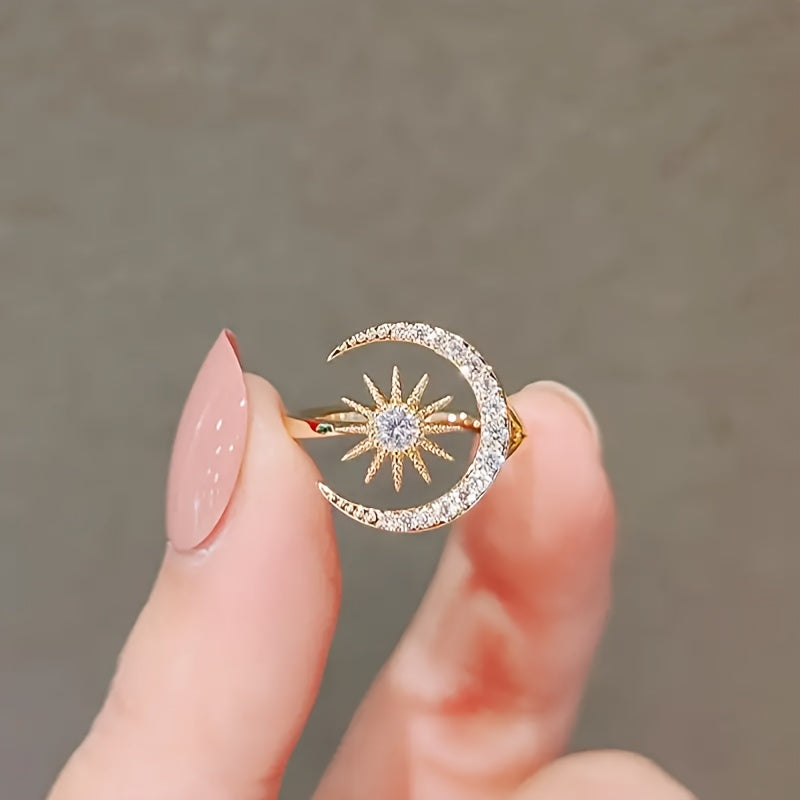 Adjustable Open Sun and Moon Couple's Ring with Rhinestones - Fashion Zinc Alloy Jewelry