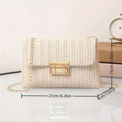 Elegant Beige Woven Shoulder Bag with Chain Strap and Turn-lock Closure