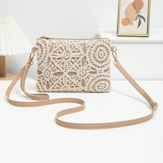 Elegant White Lace Crossbody Bag with Removable Beige Strap - Floral Pattern, Zipper Closure, Polyester Lining, Perfect for Spring & Summer Outfits, Casual or Formal Wear, Ladies Purse