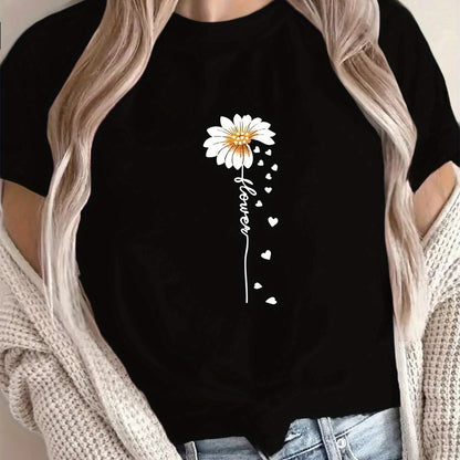 Women'S Floral Print T-Shirt - Casual & Vacation Style, Short Sleeve Crew Neck, Spring/Summer Collection, Machine Washable, Slim Fit with Vibrant Flower Design, Lightweight Polyester Blend, Perfect for Casual Attire, Casual S