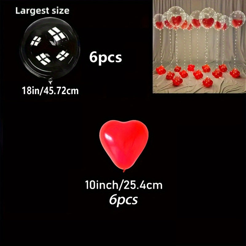 12pcs 18-inch Transparent Bubble Ball Red Balloon Set, Suitable for Valentine's Day, Birthday, Wedding, Proposal and Anniversary Celebrations, with Large Red Heart-shaped Balloons - Indoor and Outdoor Balloon Decoration, No E