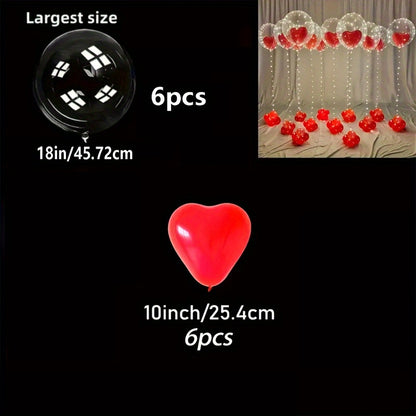 12pcs 18-inch Transparent Bubble Ball Red Balloon Set, Suitable for Valentine's Day, Birthday, Wedding, Proposal and Anniversary Celebrations, with Large Red Heart-shaped Balloons - Indoor and Outdoor Balloon Decoration, No E