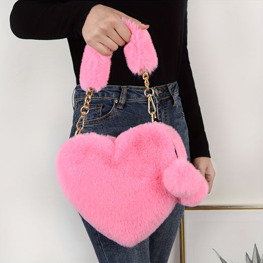 1pc Cozy Heart-Shaped Faux Fur Crossbody Bag, Polyester Plush Love Purse with Chain Shoulder Strap, Soft Pink/White/Black Fashion Handbag, Ideal for Christmas & Valentine'S Day Gifts