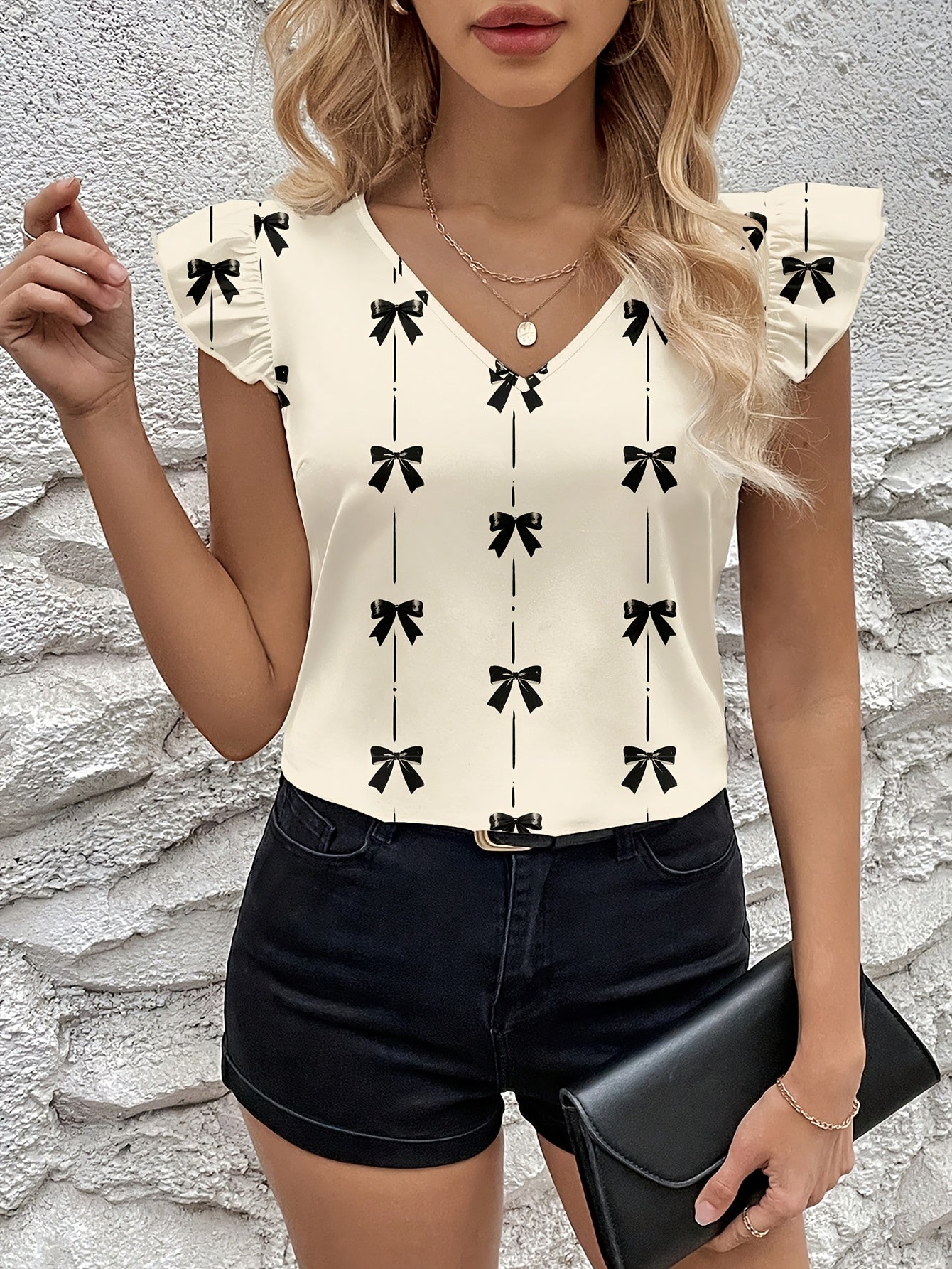 Graceful Women's Bow Print Flutter Sleeve Blouse Short-Sleeve Top