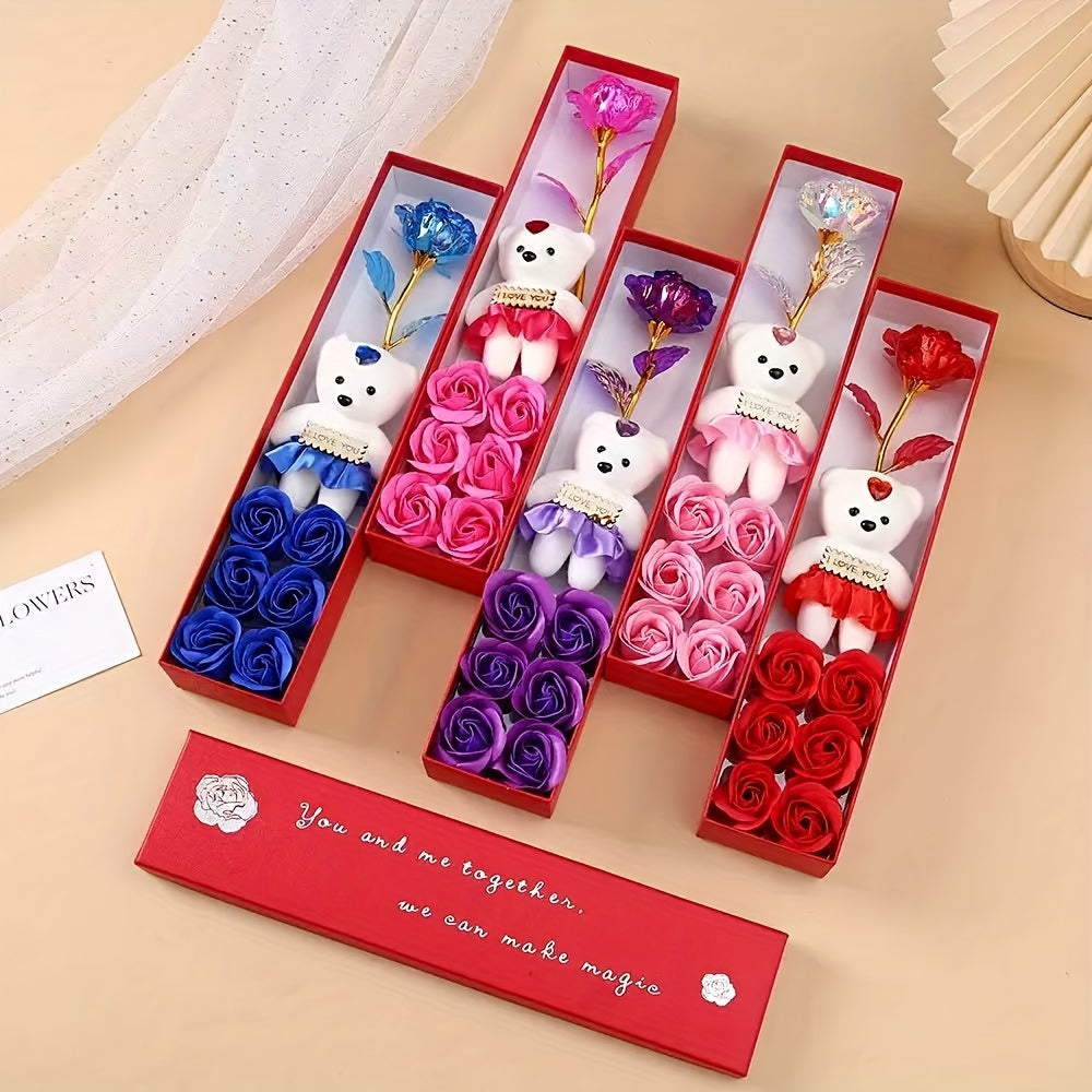 Creative Gift Box with Plush Bear And Artificial Roses - Ideal for Weddings, Birthdays, And Special Occasions, Romantic Gift Box|Playful Design|Durable Plastic Box, Flower Gift Box, Halloween, Christmas