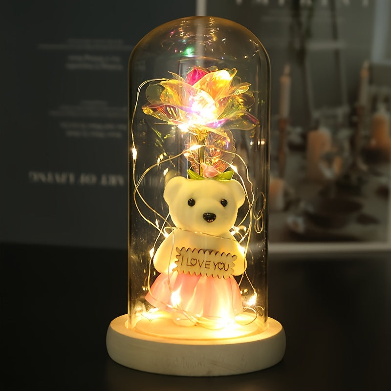 LED Lighted Golden Foil Flower with Bear, Plastic 3D Rose Gift Set, Battery Operated, Home & Kitchen Decor, Perfect for Valentine's Day & General Holidays, No Batteries Included