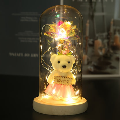 LED Lighted Golden Foil Flower with Bear, Plastic 3D Rose Gift Set, Battery Operated, Home & Kitchen Decor, Perfect for Valentine's Day & General Holidays, No Batteries Included