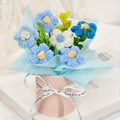 Handmade Knitted Daisy Bouquet - Realistic Yellow, white, pink, blue, red, or Floral Arrangement - with Pastel Pink, Beige, or Red Ribbon Bucket - No Maintenance Fake Flowers for Home, Office, Wedding, Birthday - Perfect Gift