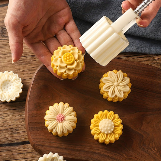 Flower Moon Cake Mold Set, Includes 1 Mold and 4 Stamps, DIY Hand Press Moon Cake Stamps, Mung Bean Cake, Cookie, Mid Autumn Festival Pastry Mold, Cookie Tools, Flower Shaped Moon Cake Maker, Baking Tools, Kitchen Gadgets