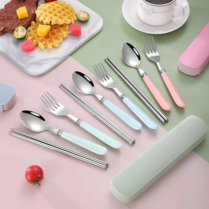 Stainless Steel Cutlery Set with Portable Storage Box - Durable Polished Finish, Includes Spoon, Fork, and Chopsticks, Ideal for Camping and Everyday Use, Camping Essentials|Sleek Cutlery Set|Durable Cutlery, Camping Utensils