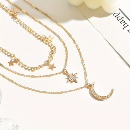 An Elegant Bohemian Style Multi-Layer Golden Necklace with Star and Moon Pendants - Perfect Gift for Friendship, Suitable for Gifting and Casual Attire, For Teenager