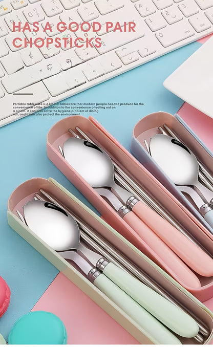 Stainless Steel Cutlery Set with Portable Storage Box - Durable Polished Finish, Includes Spoon, Fork, and Chopsticks, Ideal for Camping and Everyday Use, Camping Essentials|Sleek Cutlery Set|Durable Cutlery, Camping Utensils