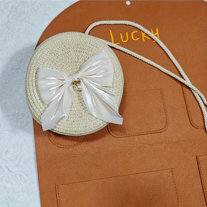 Elegant Coffee-Colored Round Woven Crossbody Bag with Pearl Bow Detail