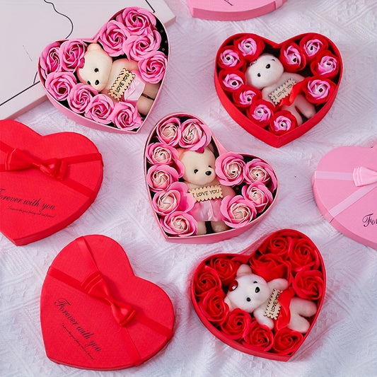 10pcs Romantic Rose Soap Gift Set with Teddy Bear - Heart-Shaped Plastic Box for Wedding, Bridal Shower, Birthday, Anniversary, Christmas, Thanksgiving, Valentine's Day, Mother's Day, Graduation - No Electricity Needed, Feath